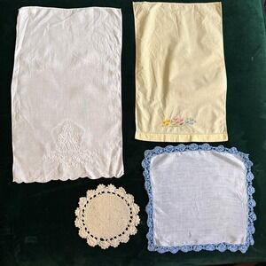 Vintage Paper White Linen Lace Table Decor Set White Cream Blue 4 Piece